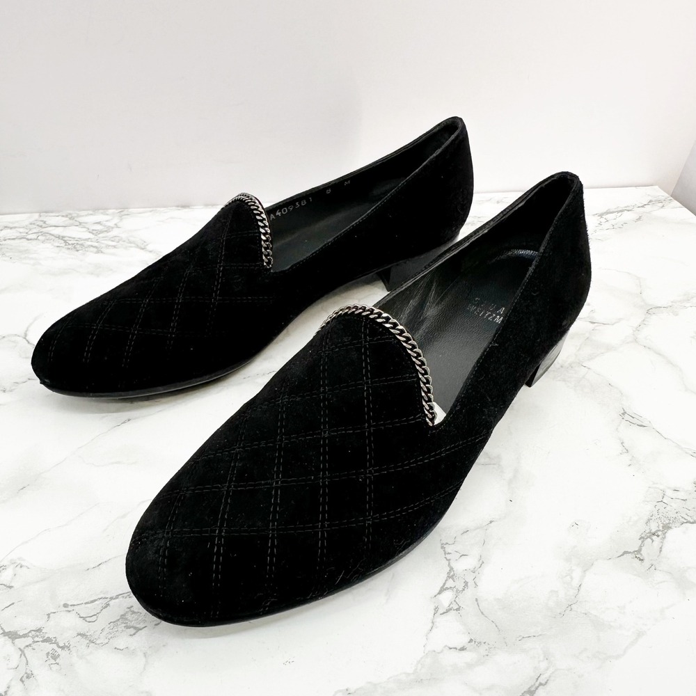 Stuart Weitzman Loafers Womens 8 Black Excellent Quilted Suede Chain Trim - Picture 2 of 6
